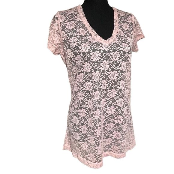 Bella Birdie Light Pink Sheer Lace V Neck Top - Picture 1 of 6
